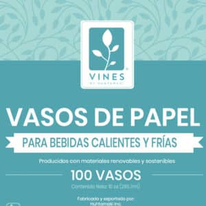 Un envase verde azulado que muestra "Vasos de Papel" para bebidas frías y calientes. El producto incluye 100 vasos de papel, cada uno con una capacidad de 10 oz. Fabricado con materiales renovables y sostenibles por Vines by Huhtamaki.