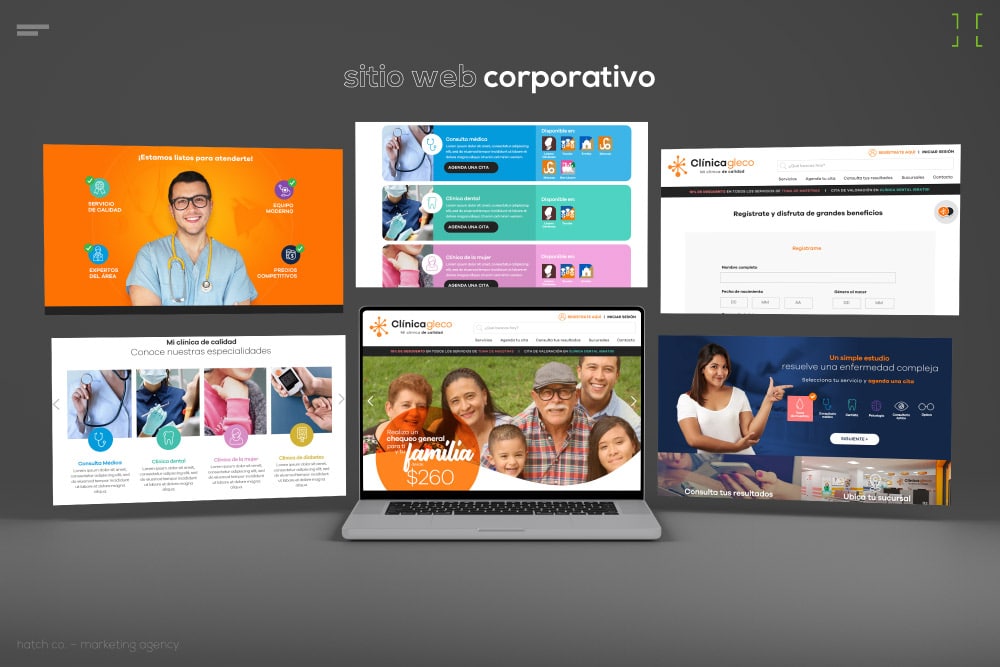 Una computadora portátil muestra el sitio web de una clínica. Alrededor de ella hay cinco capturas de pantalla de secciones relacionadas del sitio que presentan servicios de salud, personal e información para pacientes. Los textos e íconos resaltan las ofertas de la clínica.