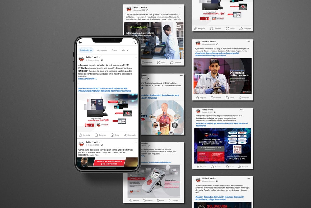 Un teléfono inteligente que muestra una serie de publicaciones de redes sociales, junto a una cuadrícula de publicaciones similares sobre una superficie plana. Las publicaciones contienen texto, imágenes y diagramas relacionados con diversos temas científicos y médicos.