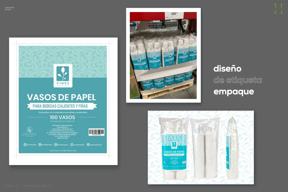 Collage que muestra el empaquetado de vasos de papel de Vines. El lado izquierdo ofrece un primer plano de la etiqueta, mientras que el lado derecho muestra vasos apilados en estantes y en el empaquetado. El texto dice "diseño de empaque para punto de venta".