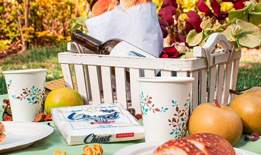 Un hermoso picnic, perfecto para fotografías de productos para redes sociales, incluye una canasta blanca con pan y vino. Vasos y platos de papel con pasteles, manzanas y un paquete de Chinet rodean un encantador centro de mesa floral.