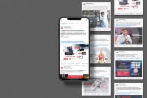 Un teléfono inteligente que muestra una publicación en las redes sociales se superpone a un fondo que presenta múltiples publicaciones similares en las redes sociales dispuestas en un patrón de cuadrícula.