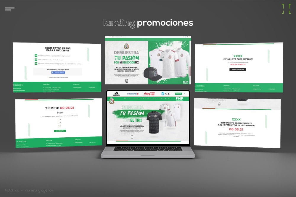 Una computadora portátil muestra varias páginas promocionales, destacando productos de marca e instrucciones paso a paso para participar. En la pantalla se muestran varios logotipos y cronómetros de cuenta regresiva.