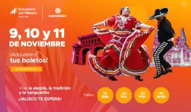 Cartel promocional de un evento en Jalisco, México, con bailarines con atuendos tradicionales. Organizado por la Agencia de Marketing Digital, las fechas del evento son del 9 al 11 de noviembre e incluyen un cronómetro de cuenta regresiva e información de compra de boletos.