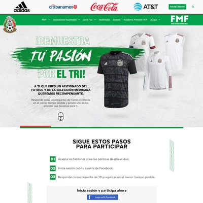 Página web que muestra una campaña promocional de una empresa de marketing y publicidad para las camisetas de la selección nacional de fútbol de México, con instrucciones de participación y logotipos de Adidas, Citibanamex, Coca-Cola, AT&T y FMF en la parte superior.