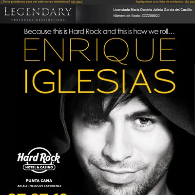 Imagen promocional para un evento de Hard Rock Hotel & Casino con Enrique Iglesias, elaborada por una empresa de publicidad en México. El texto resalta el nombre del artista y la ubicación del evento en Punta Cana.