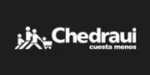 Logotipo de Chedraui, una empresa minorista, que presenta íconos blancos de personas empujando un carrito de compras y el texto negro "Chedraui cuesta menos" sobre un fondo oscuro.