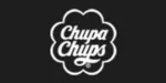 El logotipo de Chupa Chups presenta el nombre de la marca escrito en blanco dentro de una forma de flor delineada en blanco sobre un fondo negro.
