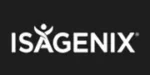 Logotipo de Isagenix que presenta texto blanco sobre fondo negro con un ícono de persona estilizada integrado en la primera letra 'A'.