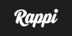 Logotipo de texto "Rappi" blanco sobre fondo negro.