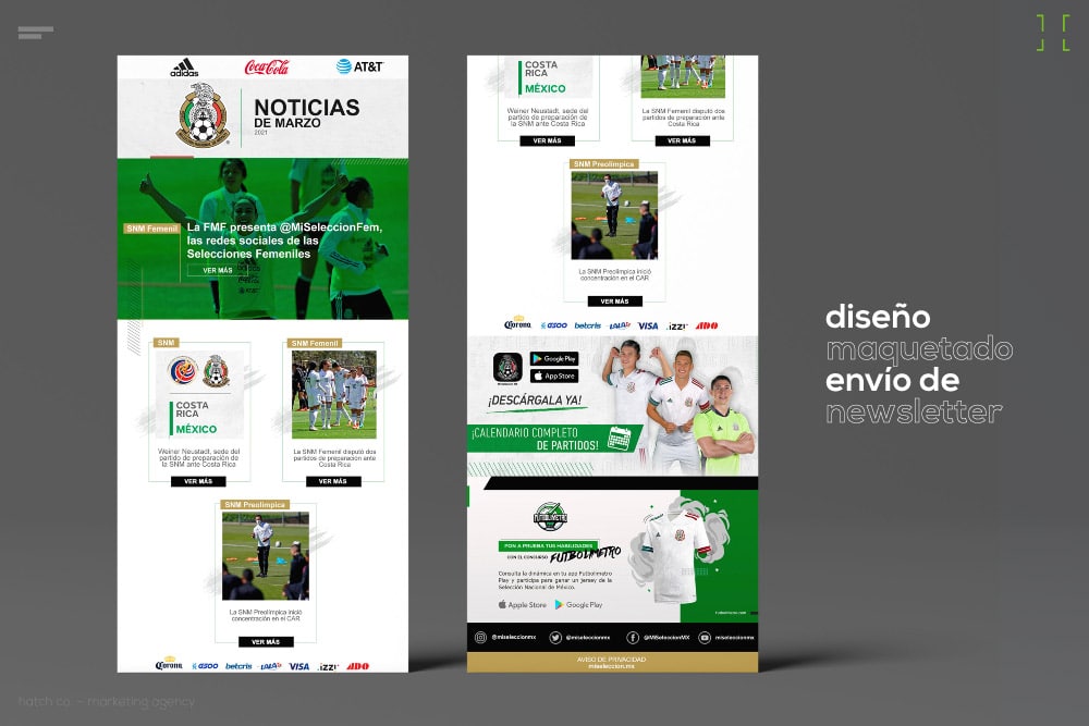 Un boletín digital que muestra noticias de marzo de un equipo de fútbol mexicano con varias secciones que incluyen enlaces a redes sociales, calendario de partidos y anuncios de patrocinadores.