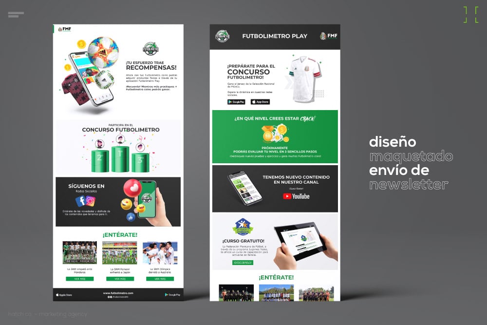 Dos pantallas de teléfonos inteligentes que muestran el diseño de un boletín con varias secciones, incluido un anuncio de concurso, un enlace a redes sociales y contenido promocional para YouTube y un curso gratuito.
