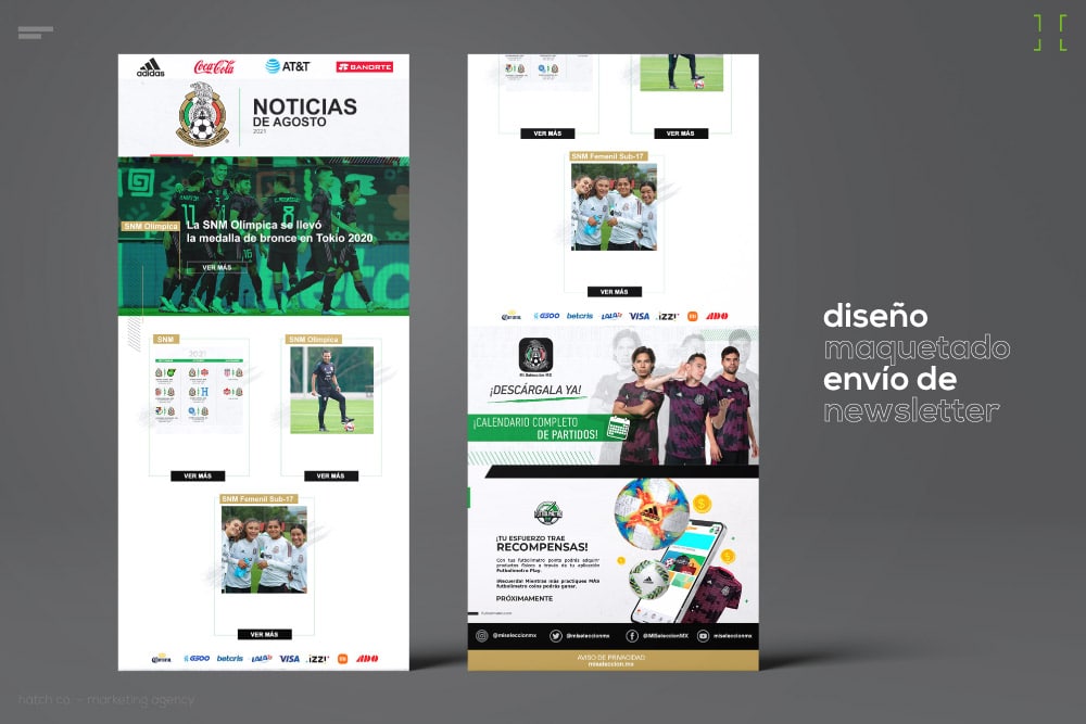 Boletín digital con noticias del mes de agosto, con secciones sobre logros, calendario de partidos, fotos del equipo y logotipos de socios como Coca-Cola, AT&T y Movistar. El texto en el lateral dice “diseño maquetado envío de newsletter”.