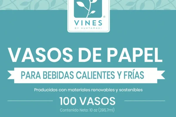 La etiqueta de embalaje para los vasos de papel Vines de Huhtamaki, elaborada con un elegante diseño de empaque para productos de consumo, resalta la versatilidad de sus 100 vasos sustentables para bebidas frías y calientes.