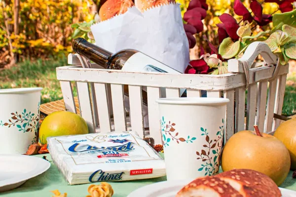 Un hermoso picnic, perfecto para fotografías de productos para redes sociales, incluye una canasta blanca con pan y vino. Vasos y platos de papel con pasteles, manzanas y un paquete de Chinet rodean un encantador centro de mesa floral.