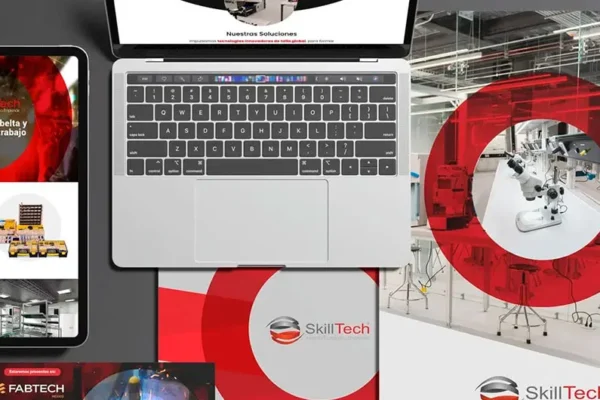Una computadora portátil, un teléfono inteligente y folletos con la marca SkillTech se muestran junto a una imagen de laboratorio industrial con microscopios y equipos, resaltando nuestra experiencia en consultoría de marketing para soluciones impulsadas por la tecnología.