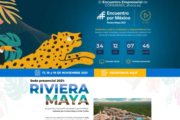 Imagen promocional del Encuentro Empresarial de COPARMEX 2021, destacando un vibrante diseño de sitio web para eventos con cuenta regresiva, botón de registro y detalles de ubicación en medio de coloridas ilustraciones de animales.