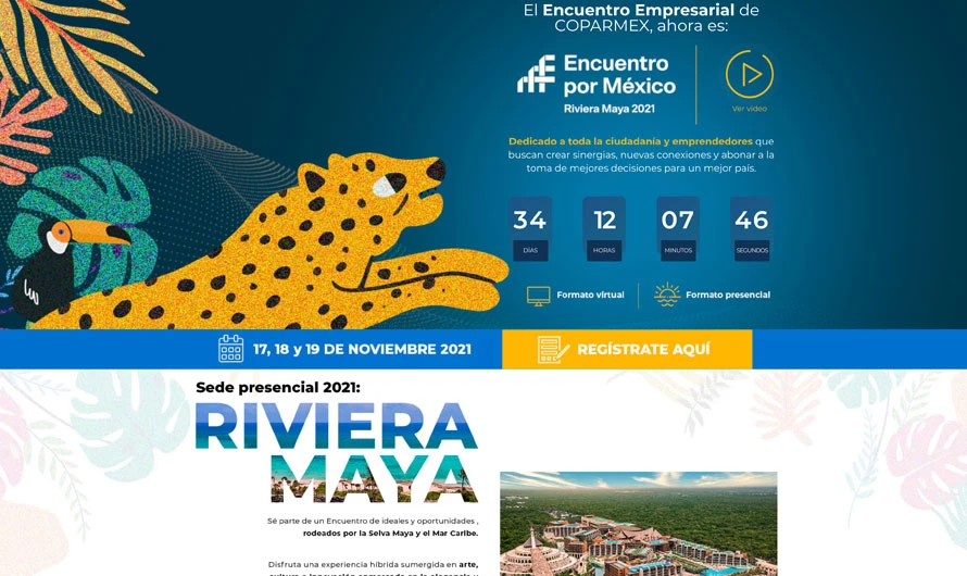 Imagen promocional del Encuentro Empresarial de COPARMEX 2021, destacando un vibrante diseño de sitio web para eventos con cuenta regresiva, botón de registro y detalles de ubicación en medio de coloridas ilustraciones de animales.