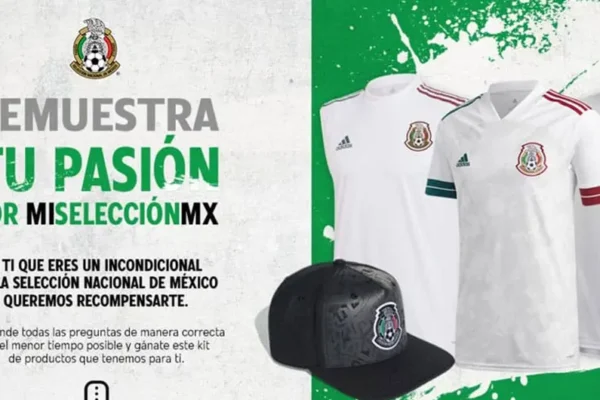 Imagen promocional de la selección nacional de fútbol de México, que incluye camisetas y una gorra, con un texto que invita a los fanáticos a demostrar su pasión, explorar estrategias de promociones en línea y participar en un concurso.