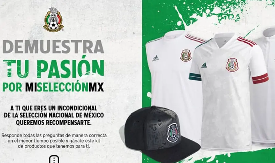 Imagen promocional de la selección nacional de fútbol de México, que incluye camisetas y una gorra, con un texto que invita a los fanáticos a demostrar su pasión, explorar estrategias de promociones en línea y participar en un concurso.